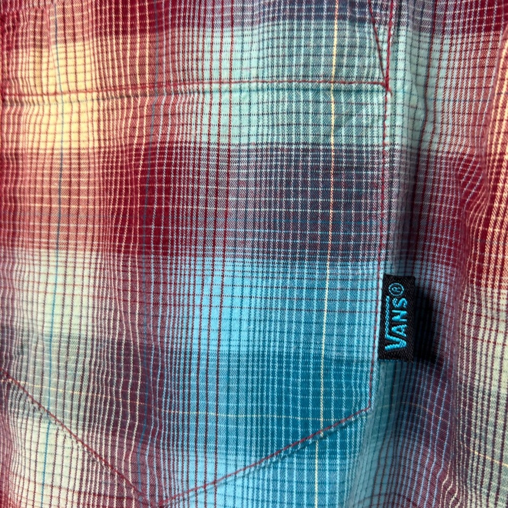 Vans Off the Wall Y2K Teal Yellow Plaid Button Down Embroidered Logo Mens Medium - Picture 6 of 8